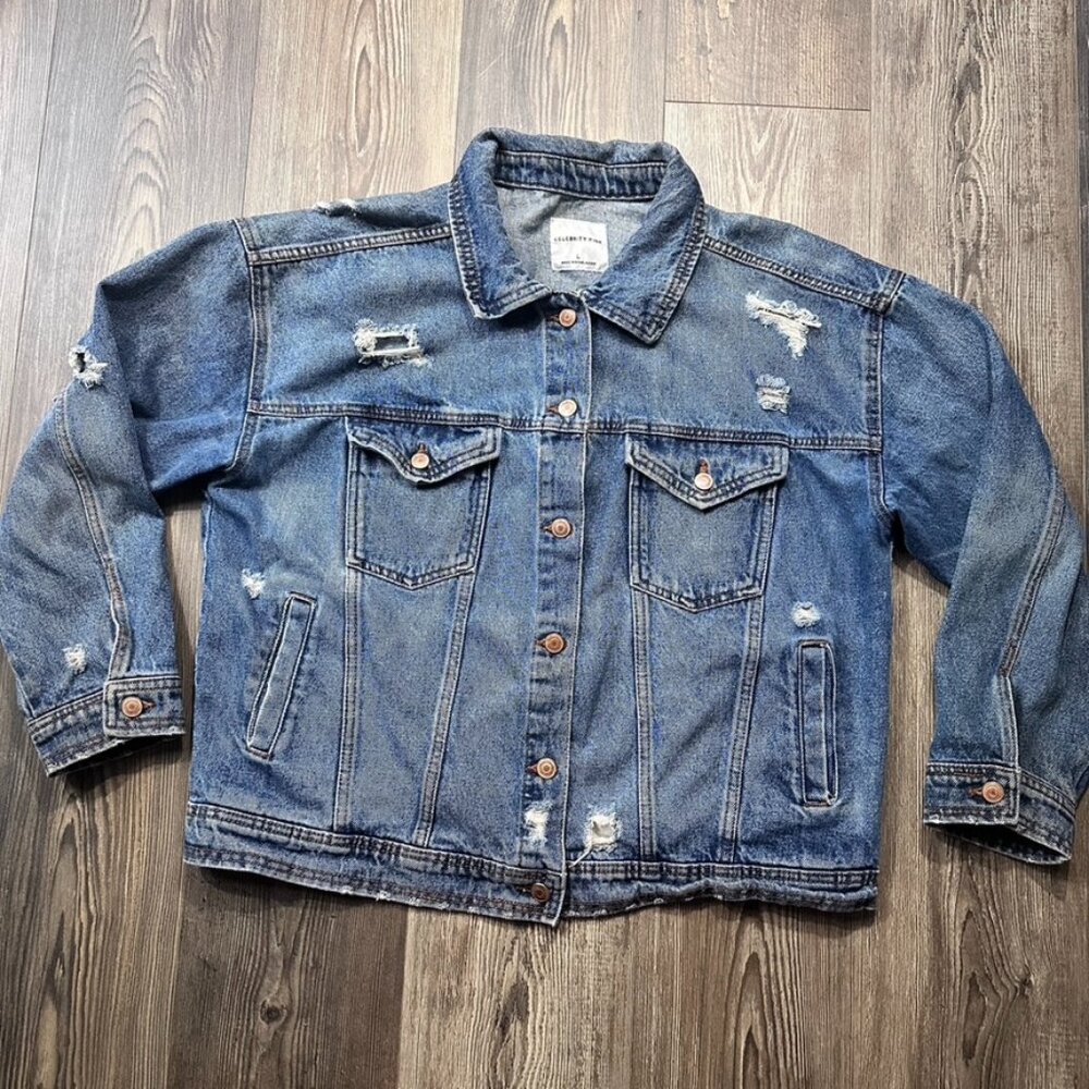 Celebrity Pink Womens Denim Jacket Large Distressed Oversized Boxy 100% Cotton